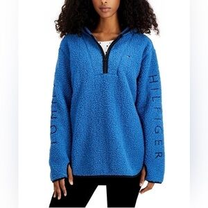 Tommy Hilfiger Sherpa Hoodie Womens Quarter Zip Outerwear Blue Faux Fur Size S